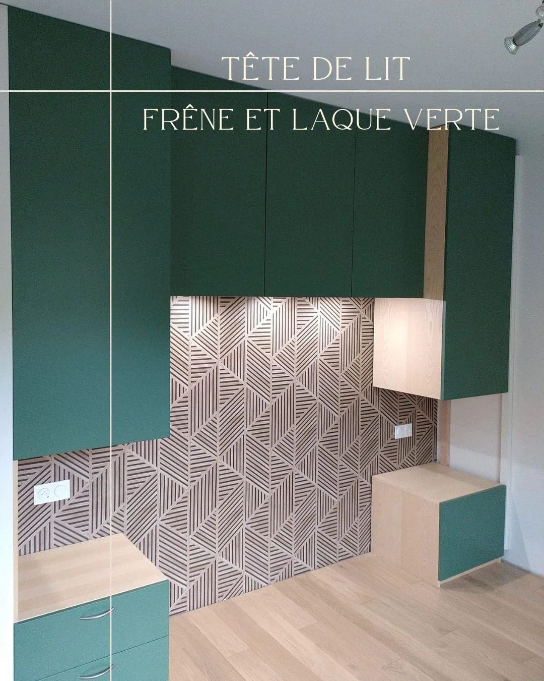 Tête de lit avec dressing intégré en frêne et laque verte